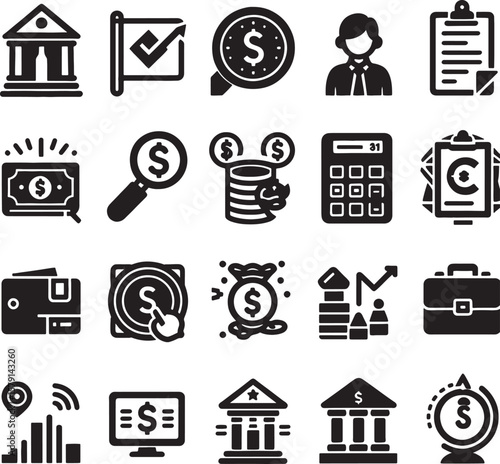 Finance Icons: A comprehensive collection of 20 finance-related icons, including bank buildings, money symbols, check marks, magnifying glasses, calculators, and more.