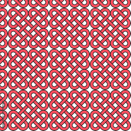 A red Celtic Knot pattern with a black outline on a white background creates a sharp and structured look.