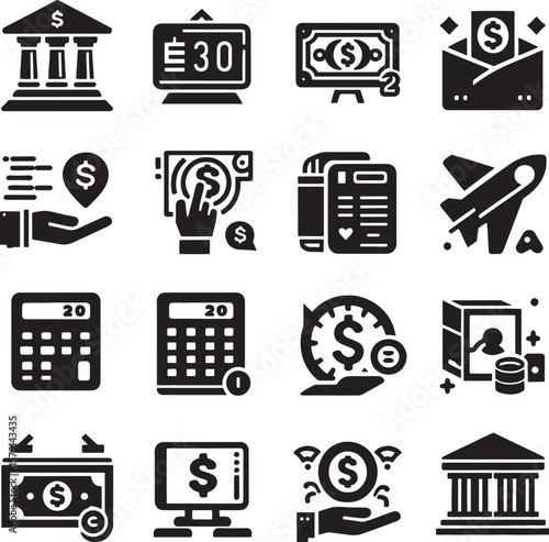 Financial Icon Set: An illustrative collection of financial icons, symbolizing various aspects of banking, savings, and transactions, presented in a clean, simple style.