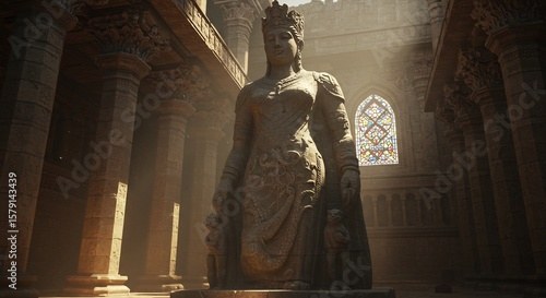 Majestic Stone Statue of a Queen in a Crumbling Gothic Cathedral, Sunlit Interior with Stained Glass Window