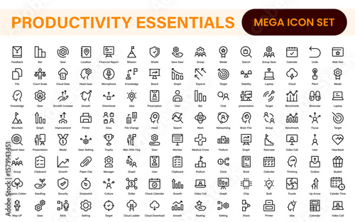 Set of productivity and time management icons. Editable line strokes: efficiency, speedometer, schedule, reminders, project workflow, business growth.