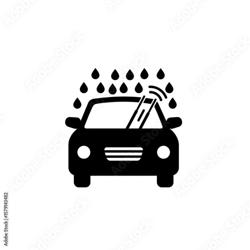Automobile Wash: A sleek black silhouette of a car under a downpour, with the windshield wiper active, symbolizes cleaning and maintenance.