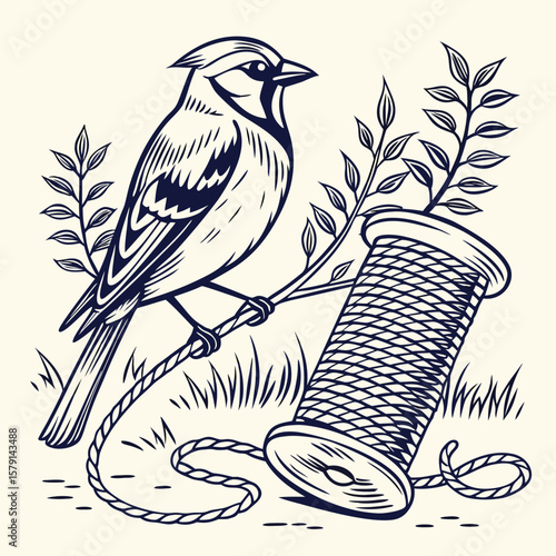 Elegant illustration of a bird on a branch with thread spool design element
