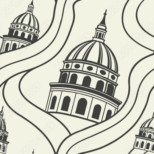 Seamless pattern featuring architectural drawing of domes in a modern and aesthetic style