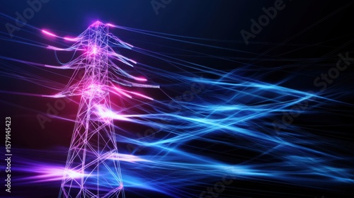 Electric Power Line Tower with Colorful Light Trails at Night