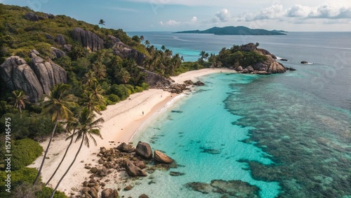 Fototapeta Naklejka Na Ścianę i Meble -  Tropical turquoise ocean views from the sandy beach with an island in the distance, perfect for a summer travel vacation