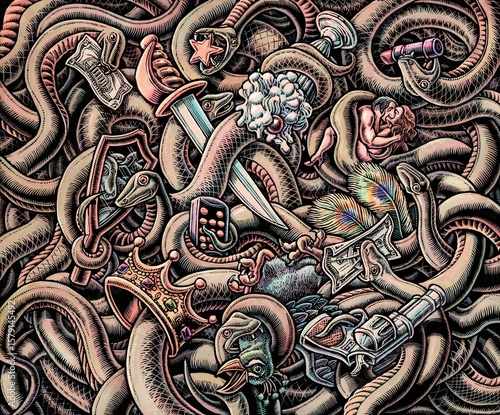 Canvastavla Snakes squirm around symbols of the seven deadly sins.