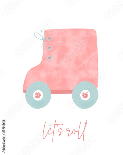 Cute Vector Illustration Of Coral Red Roller Shoe With Blue Wheels. Let's Roll. Big Hand Drawn Pink Roller Skates On A White Background. Nursery Art For Girls. 