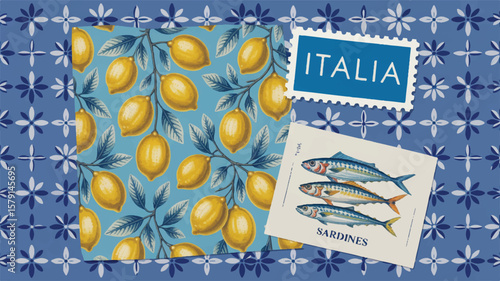 Vintage lemons and sardines with italian stamp leaves