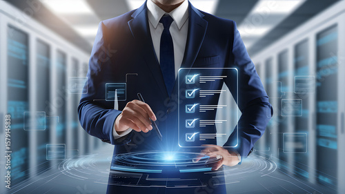 Businessman interacting with a digital checklist interface in a modern server room environment