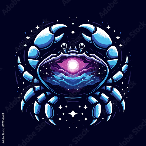 Emotional Cancer zodiac sign illustration featuring cosmic crab in starry night for intuitive personality visuals, emotional depth, and zodiac identity artwork