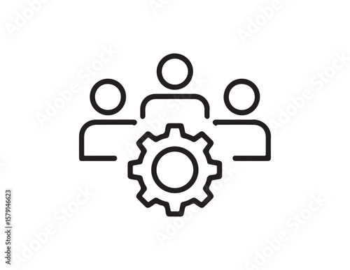 Teamwork and collaboration icon with a gear representing efficiency isolated on white background