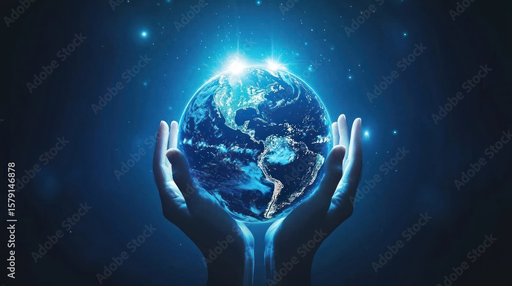 Obraz premium Hands holding the glowing earth night sky background