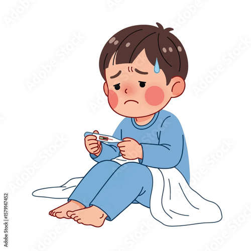 Cartoon illustration of a sick boy looking sadly at a thermometer, wrapped in a blanket.