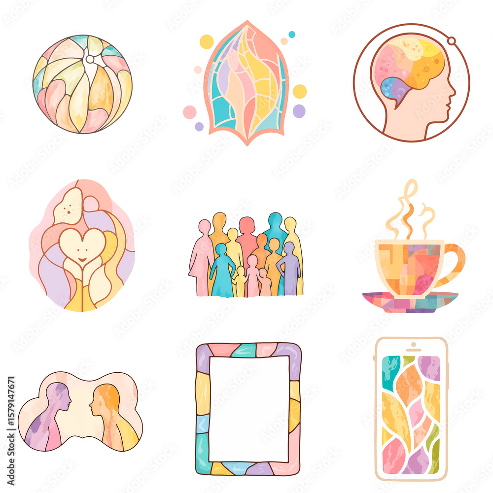 Fototapeta premium Colorful abstract icons representing World Mental Health Day concepts 