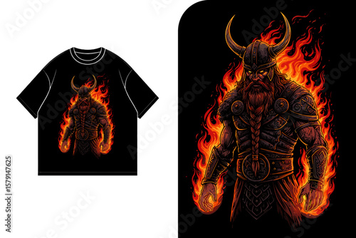 Viking warrior engulfed in flames, depicted on a black T-shirt and as a standalone graphic.