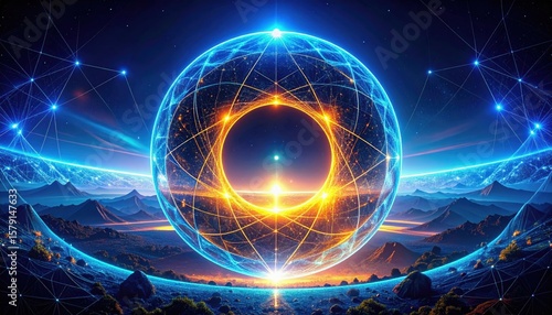 A glowing spherical energy structure floats above a mountainous landscape, surrounded by a network of interconnected luminous lines under a starry sky.