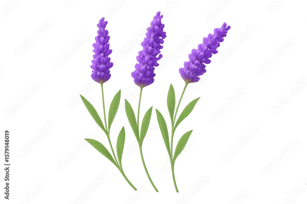 Naklejka premium Lavender flower trio with verdant foliage, floating against transparent backdrop, ideal for graphic design compositions