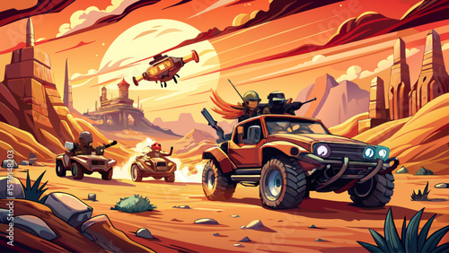 comic style, postapocalyptic desert, an Operator flees in his car from raiders in custom buggys, shots are firef