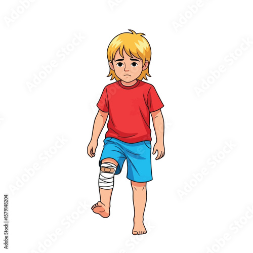 A young boy with a bandaged knee limps sadly.