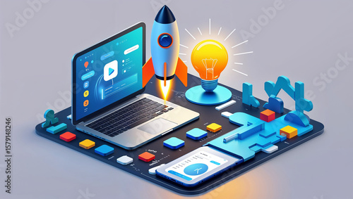 isometric startup concept, young entrepreneur launching app, rocket icon, glowing lightbulb, laptop, abstract tech background
