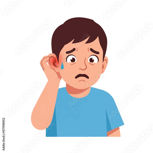 A young boy experiencing ear pain, touching his ear with a worried expression.