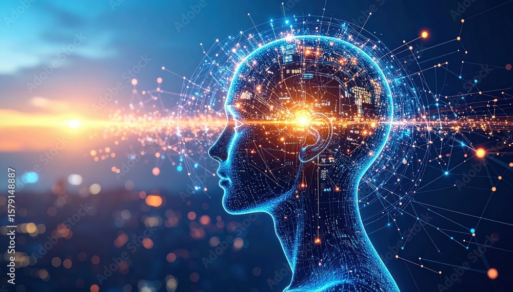 Digital illustration of a glowing human head with neural connections and data points, symbolizing artificial intelligence and advanced brain technology. Digital illustration of a glowing human head with neural connections and data points, symbolizing artificial intelligence and advanced brain technology.