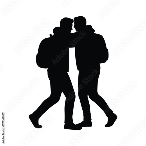 A silhouette of two friends hugging, representing support and camaraderie isolated on white background