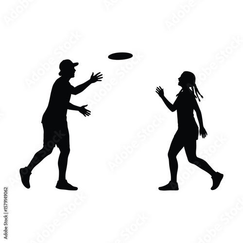 Two people are playing frisbee in silhouette, isolated on white background, enjoying a fun outdoor activity