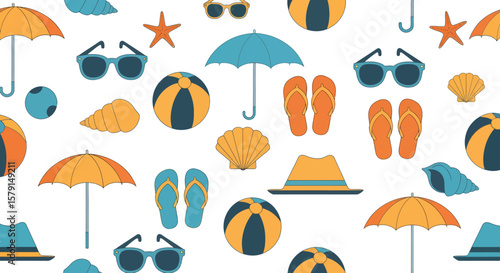 Summer beach icons pattern umbrellas sunglasses balls shells flipflops and hats.