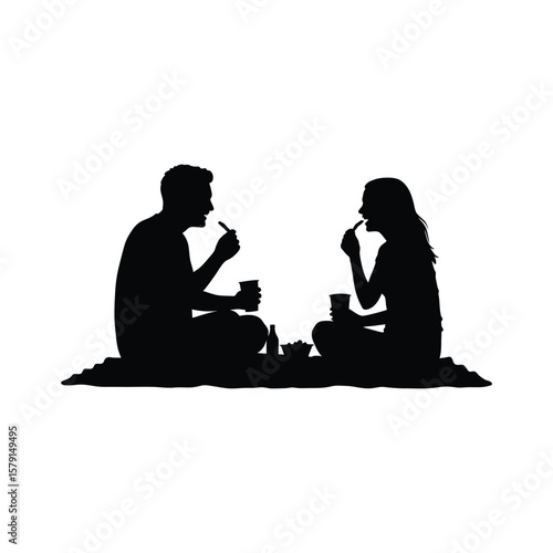 A silhouette of a couple enjoying a picnic together, isolated on white background