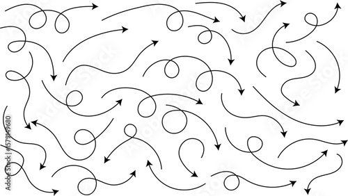 curved line arrows set. Hand drawn line doodle. curved pointers sign. Spiral dotted line arrow