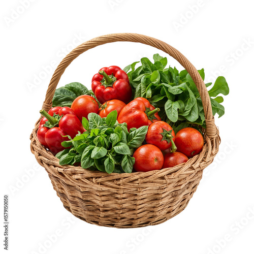 Freshly harvested vegetables including red bell peppers  tomatoes  and green basil are arranged in a rustic woven basket against a transparent background.