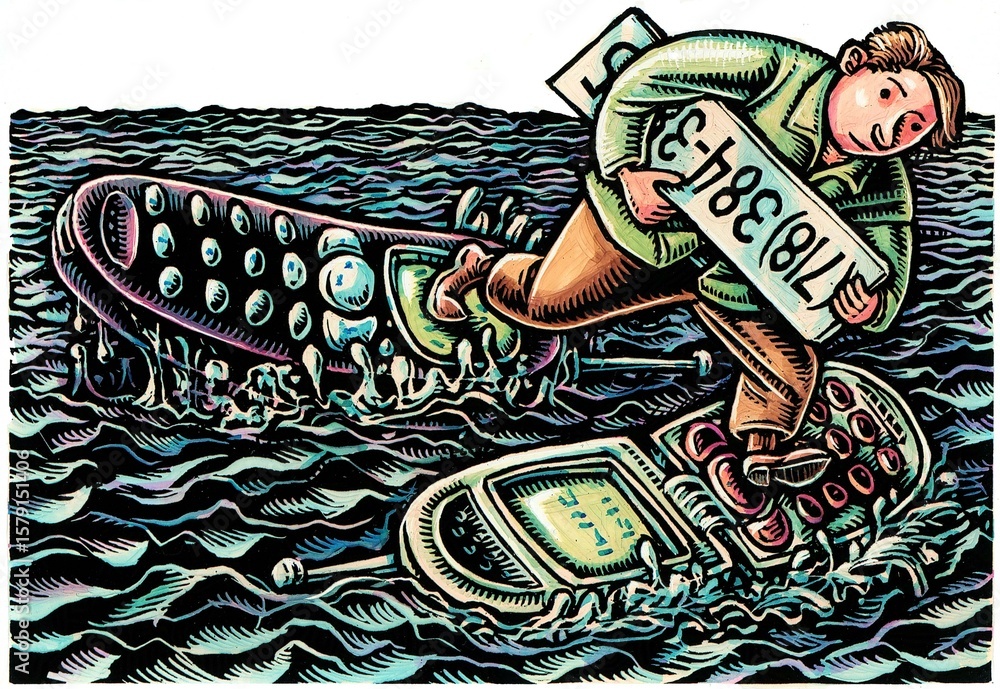 Φωτογραφία man in the sea steps from one floating cellphone to another and brings his phone number with him