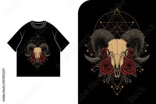 A black t-shirt design featuring a ram skull adorned with roses and geometric patterns.