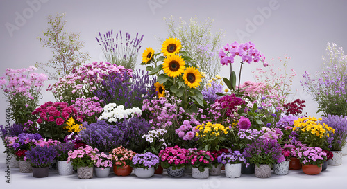 A colorful collection of potted flowers and plants in bloom