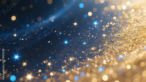 Dazzling celestial dreamscape with shimmering gold dust and vibrant blue stars shining on a gradient background.