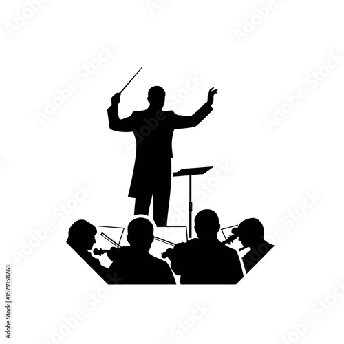 Orchestra Conductor Silhouette: A powerful silhouette of an orchestra conductor leading his ensemble, capturing the energy and precision of a live performance.