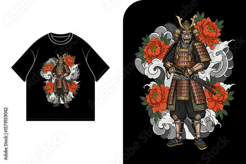 Samurai warrior t-shirt design,  intricate armor,  peonies, clouds, Japanese style.