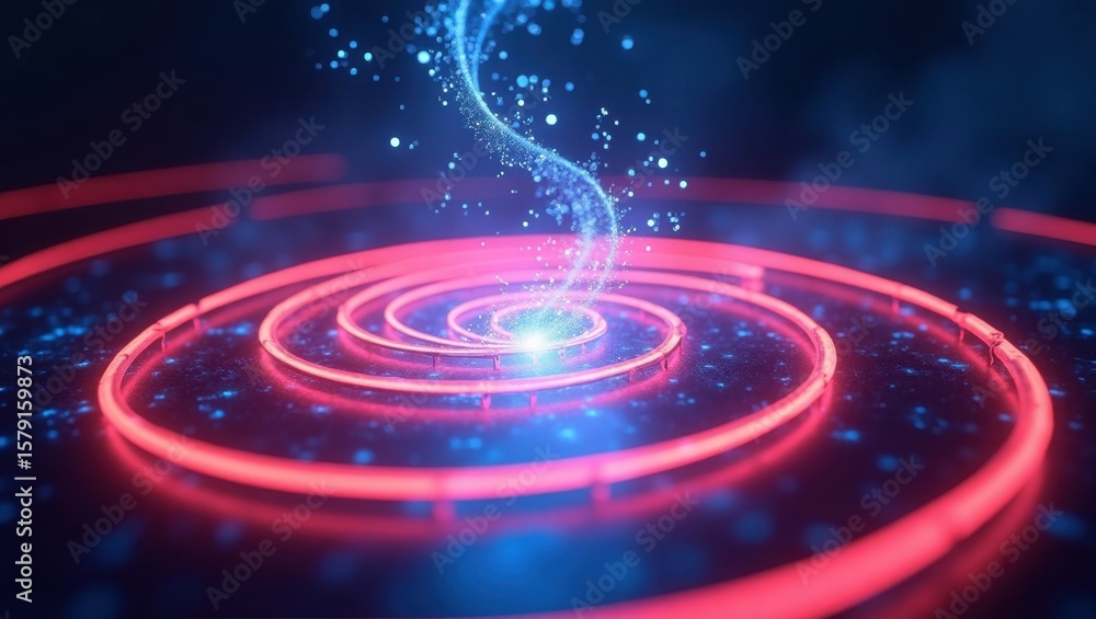 Obraz premium Abstract image of a glowing blue energy stream above a red spiral on a dark surface with blue specks
