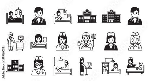  Medical & Hospital Care Icons: Doctor, Nurse, Patient, and Clinic Symbols