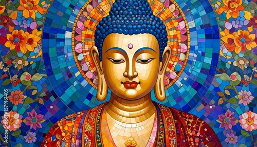 Mosaic style oil painting of a serene Tibetan Buddha, featuring vivid colors and intricate detail. A spiritual artwork perfect for meditation spaces, cultural art lovers, and Eastern philosophy themes