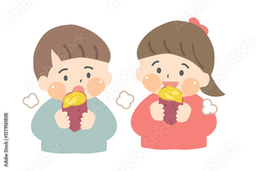 焼き芋を食べる幼い子どもたちのイラスト
