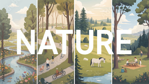 Diverse park scenes with people and nature illustration