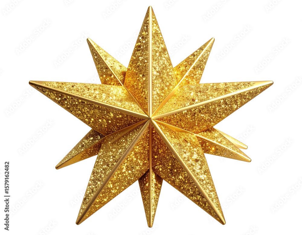 Obraz premium Golden 3D Star Tree Topper with Sparkling Glitter, isolated on transparent background