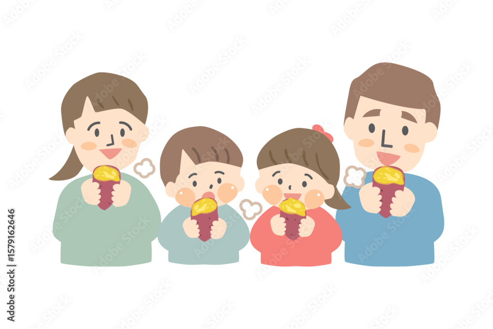焼き芋を食べる四人家族のイラスト 焼き芋を食べる四人家族のイラスト