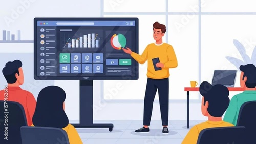 Man Giving Business Presentation with Data on Screen