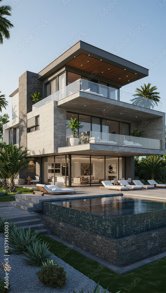 Fototapeta premium Modern three story house with a pool and palm trees on a sunny day in a tropical location
