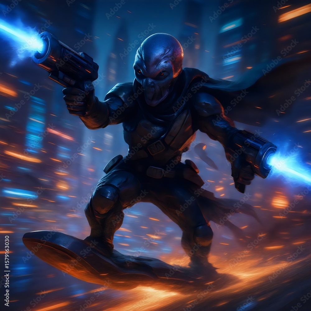 Fototapeta premium Futuristic Cyber Warrior on Hoverboard with Dual Blasters