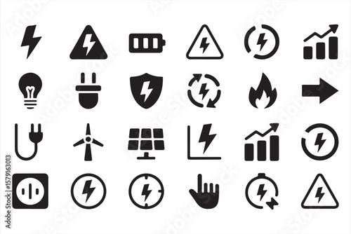 Energy and electricity black icon set - plug, battery, fire, light bulb, solar, power graph
